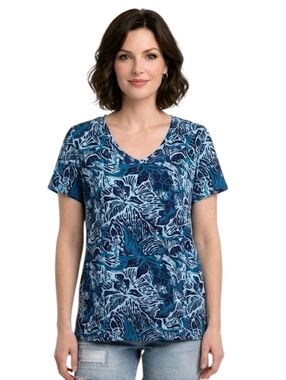 Soft Surroundings Blue & Teal Isabel Tropical Floral Printed Tunic Tee  Size L